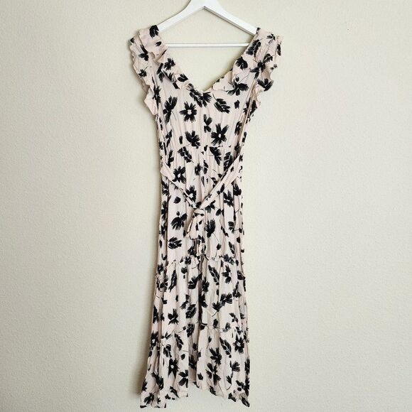 ILLA ILLA Tiered Ruffle Midi Dress L Sleeveless V-Neck Floral Boho Cream Black - Picture 3 of 9